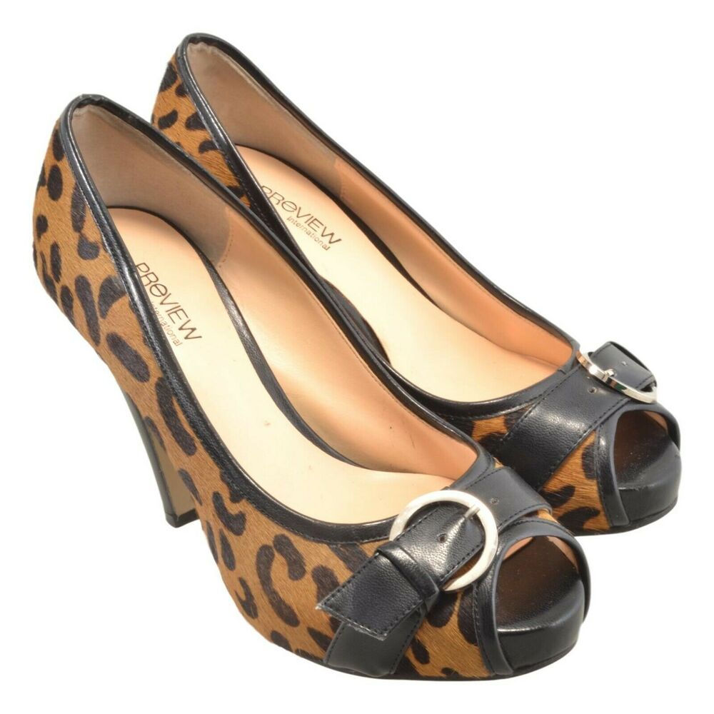 Preview International Faux Leopard Skin Print Open Toe Pumps Size 6M Wicked Hot